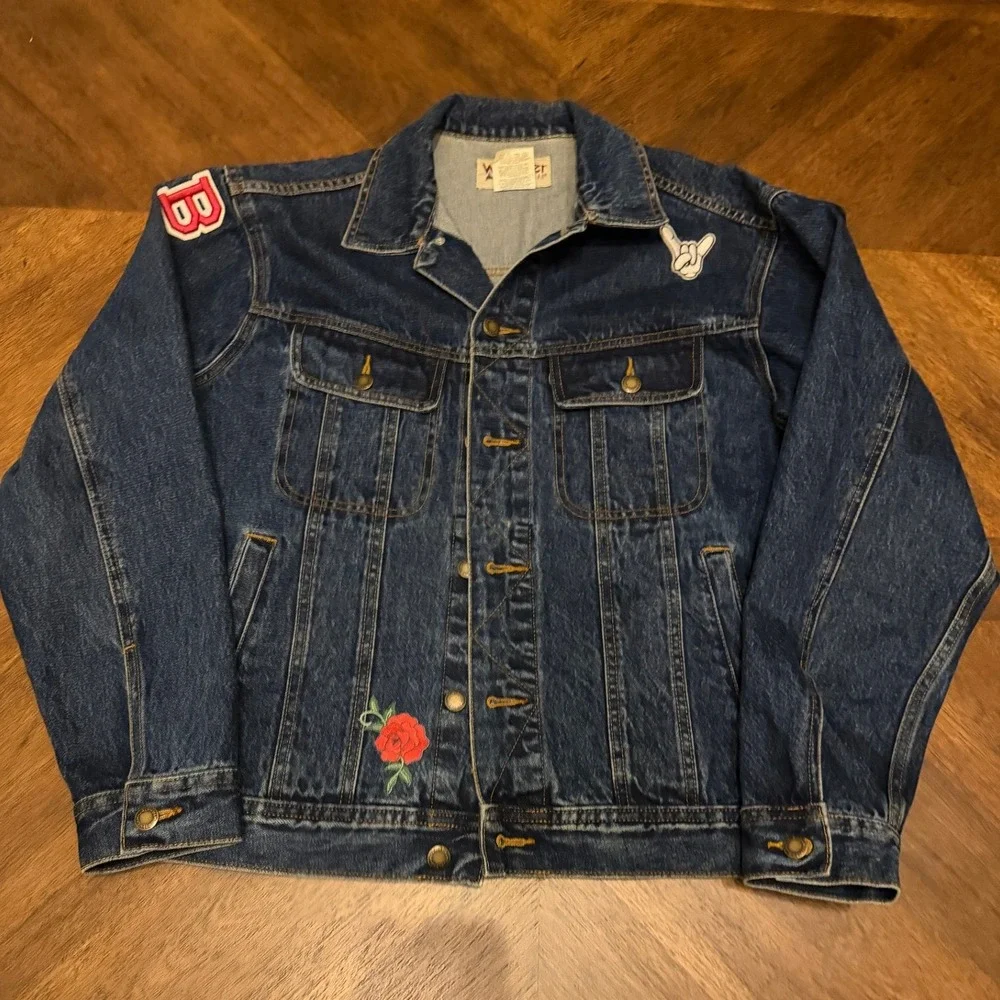 Wrangler Rugged Wear Mens Denim Jacket Medium Blue Patchwork Trucker RJK30AN
